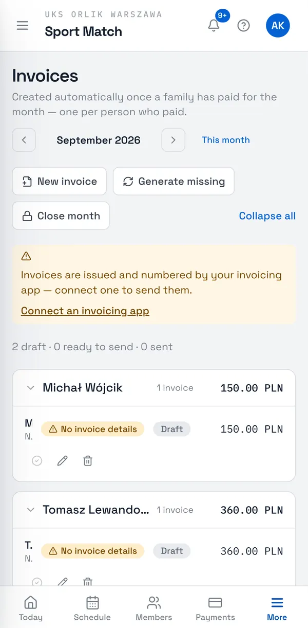 Sport Match screenshot: Open Invoices and pick the month with the arrows. A draft appears by itself once a family has paid everything due for the month — one for each person who paid.