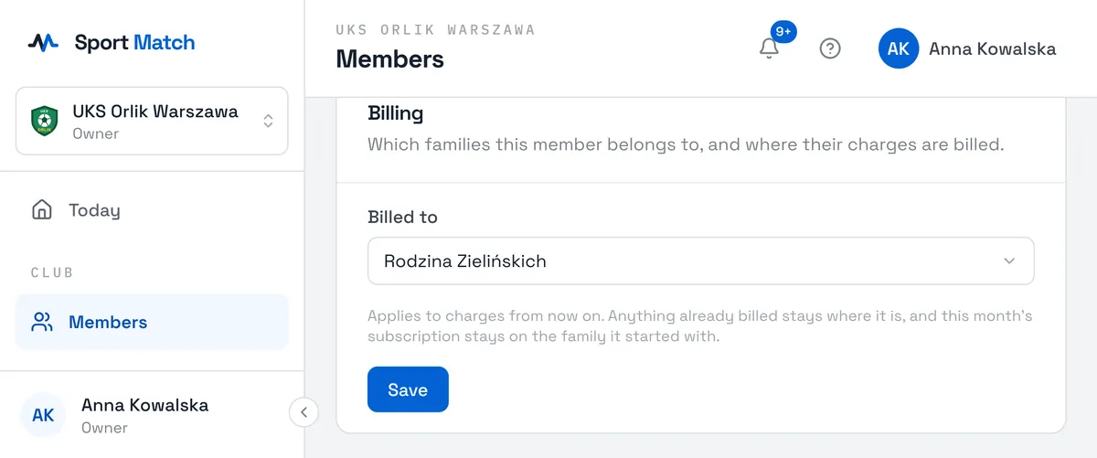 Sport Match screenshot: On a member’s page, under Billing, you see and change where they are Billed to — a family, or Pays for themselves.