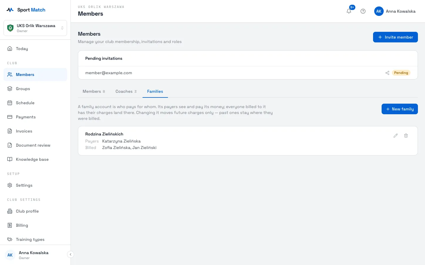 Sport Match screenshot: Under Members, open the Families tab and click New family.