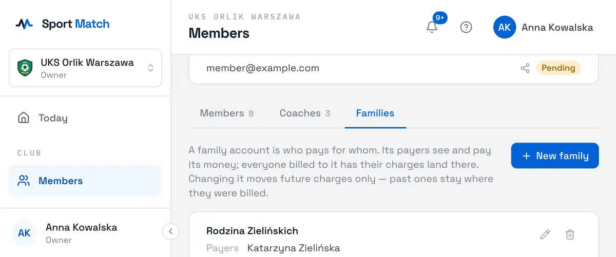 Sport Match screenshot: Under Members, open the Families tab and click New family.