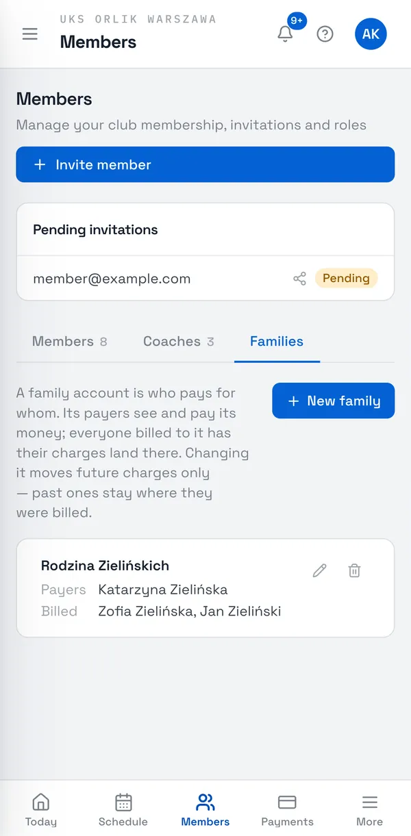 Sport Match screenshot: Under Members, open the Families tab and click New family.