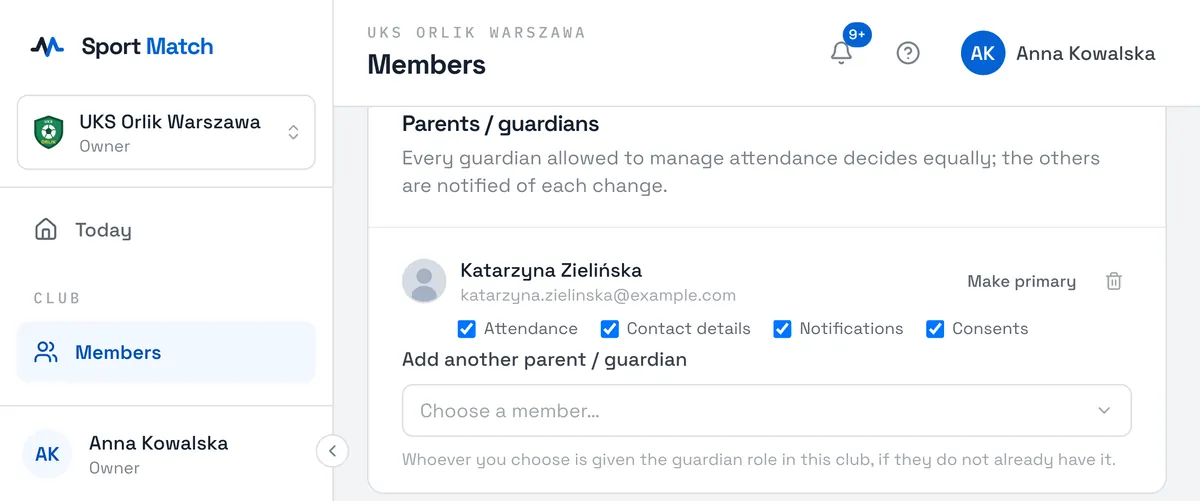 Sport Match screenshot: Under Parents / guardians, pick the person in Add another parent / guardian. Whoever you choose is given the guardian role in your club if they don’t have it yet.
