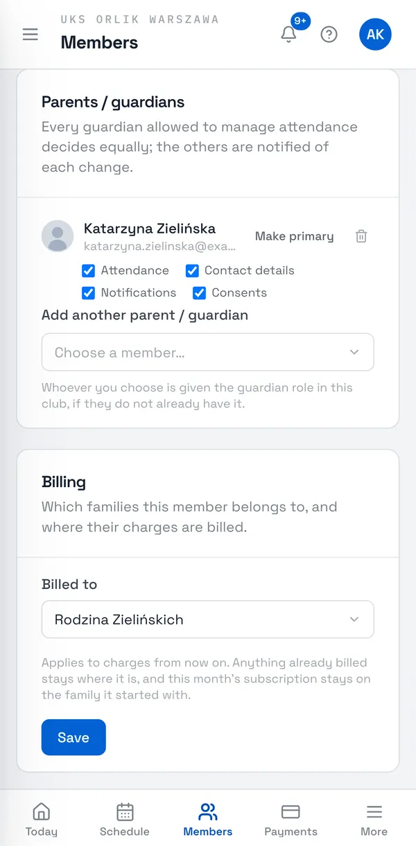 Sport Match screenshot: Under Parents / guardians, pick the person in Add another parent / guardian. Whoever you choose is given the guardian role in your club if they don’t have it yet.