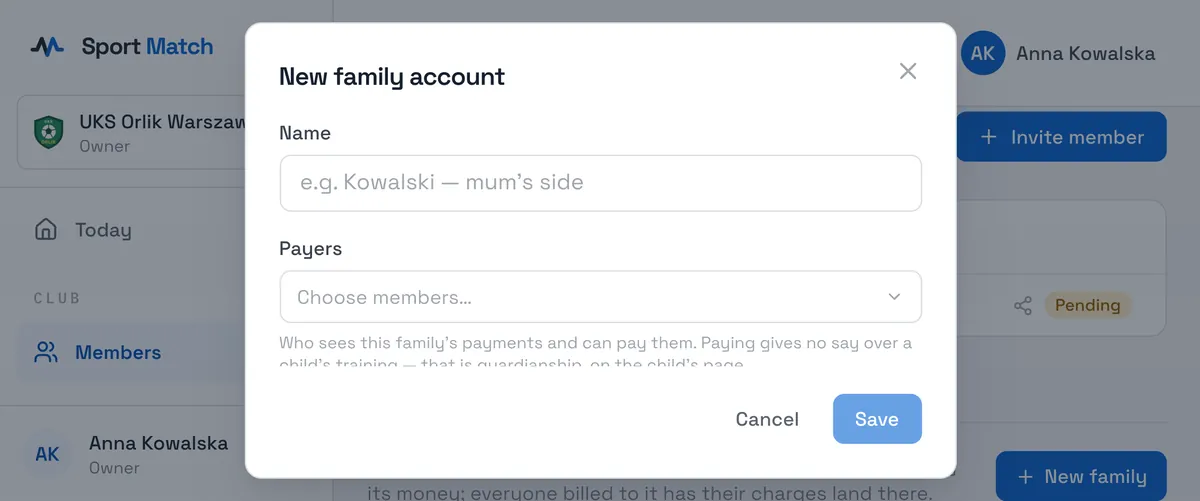 Sport Match screenshot: Enter a Name (e.g. “Kowalski — Anna’s account”), choose the Payers and who is Billed to this family, then Save.