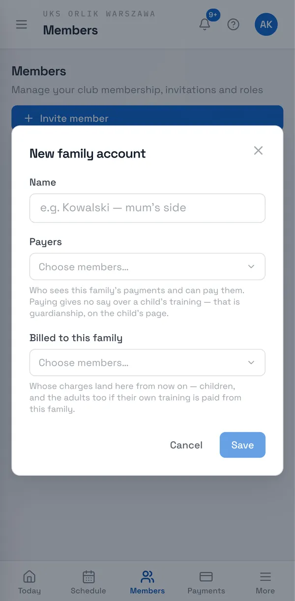 Sport Match screenshot: Enter a Name (e.g. “Kowalski — Anna’s account”), choose the Payers and who is Billed to this family, then Save.