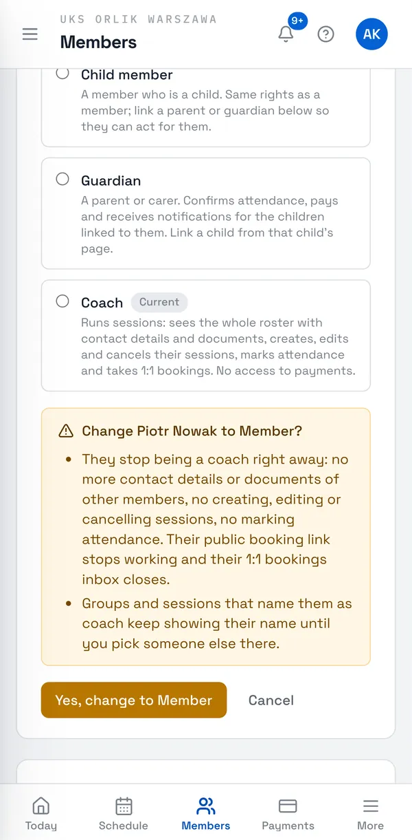 Sport Match screenshot: Taking the coach role away, or the guardian role from someone with linked children? The app first shows what they will lose — confirm with Yes, change to … or choose Cancel.