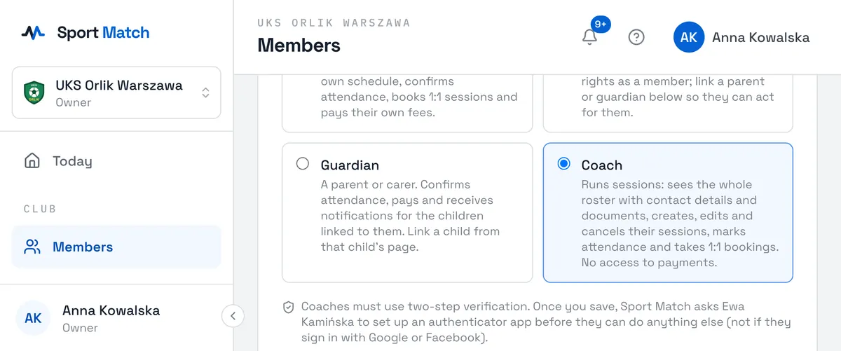 Sport Match screenshot: Pick a role: Member, Child member, Guardian or Coach. Each one says what the person will be able to do; the current one is labelled Current.