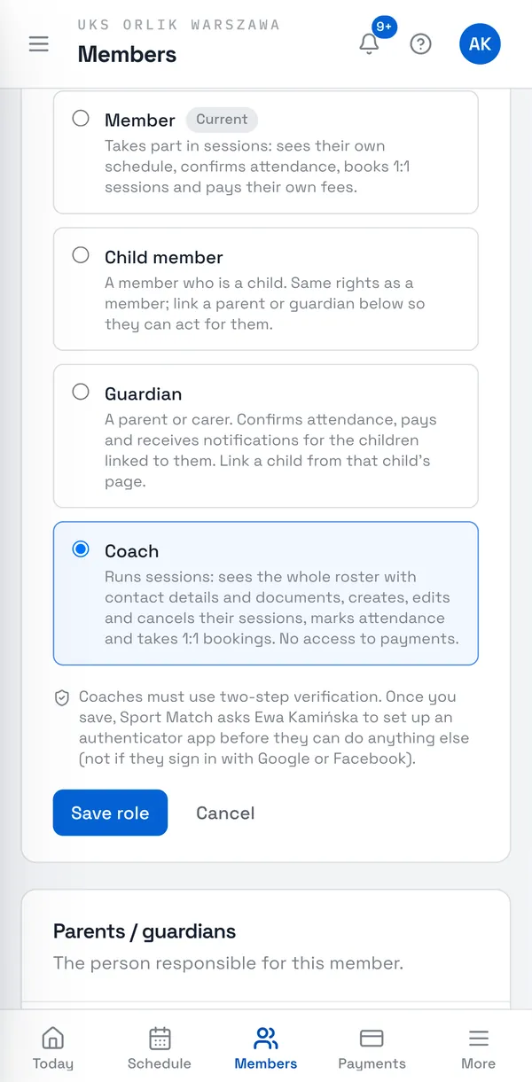 Sport Match screenshot: Pick a role: Member, Child member, Guardian or Coach. Each one says what the person will be able to do; the current one is labelled Current.
