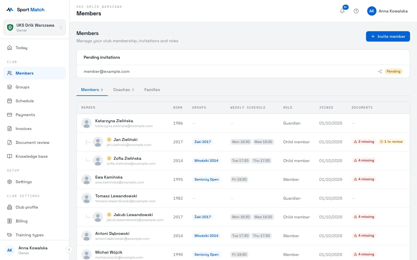 Sport Match screenshot: Open Members in the menu on the left (on a phone, in the bar at the bottom). At the top are your Pending invitations; below them the Members, Coaches and Families tabs.