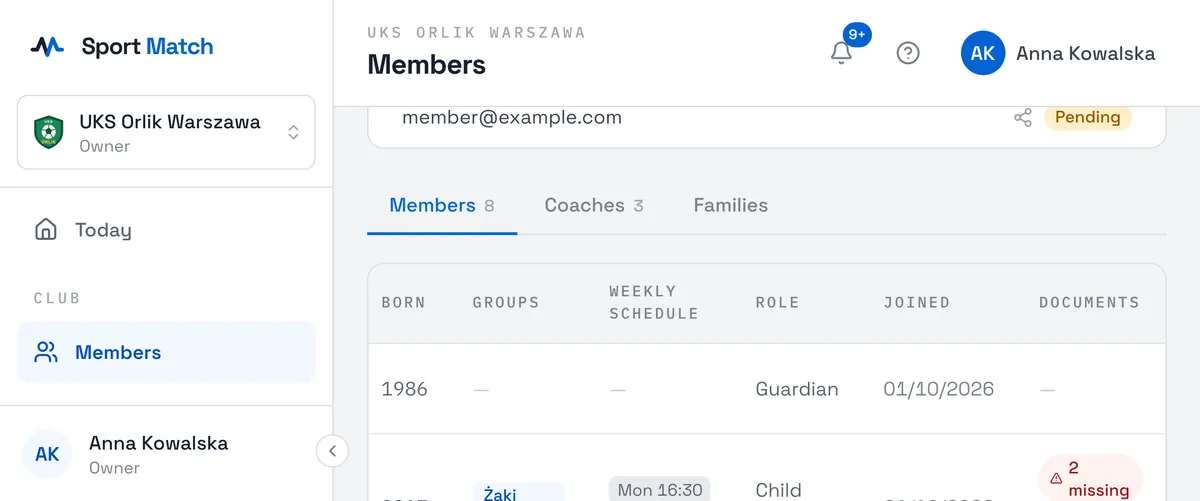 Sport Match screenshot: Open Members in the menu on the left (on a phone, in the bar at the bottom). At the top are your Pending invitations; below them the Members, Coaches and Families tabs.