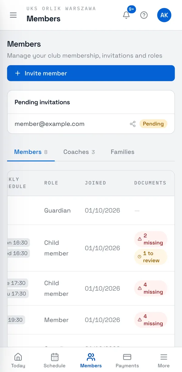 Sport Match screenshot: Open Members in the menu on the left (on a phone, in the bar at the bottom). At the top are your Pending invitations; below them the Members, Coaches and Families tabs.