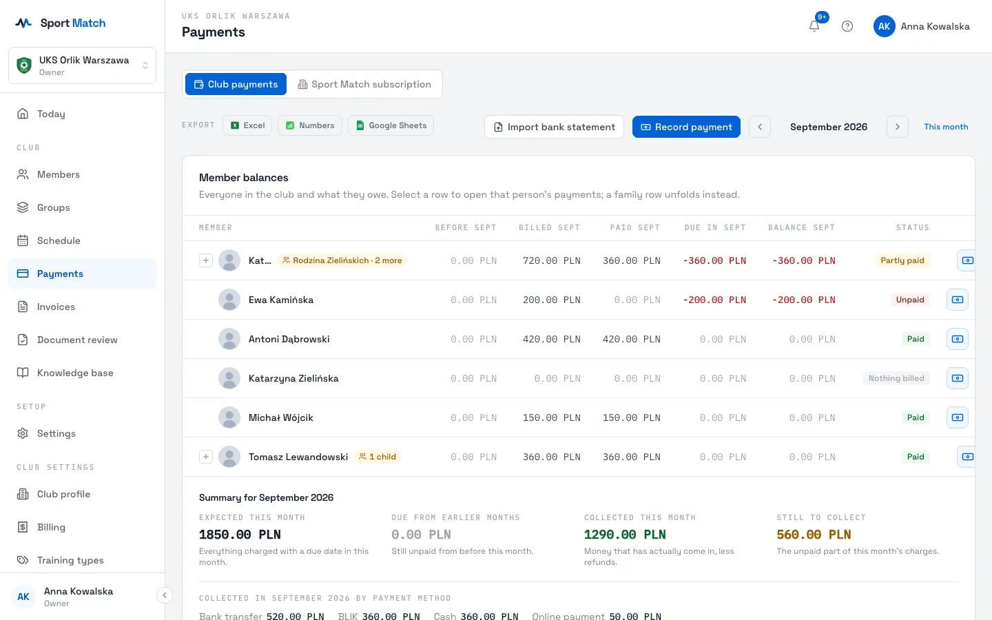 Sport Match screenshot: Open Payments. Use the arrows beside the month to go to the month you want; This month brings you back to today.