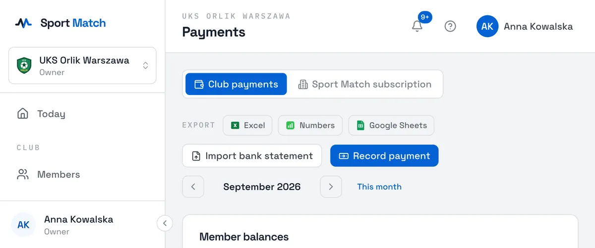 Sport Match screenshot: Open Payments. Use the arrows beside the month to go to the month you want; This month brings you back to today.