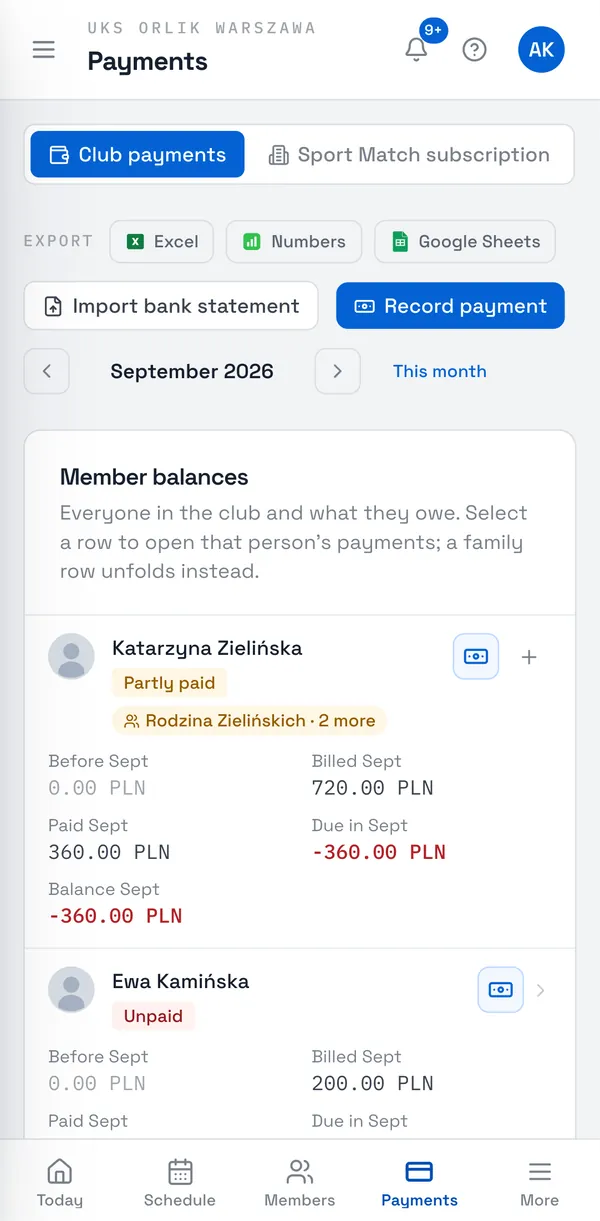 Sport Match screenshot: Open Payments. Use the arrows beside the month to go to the month you want; This month brings you back to today.