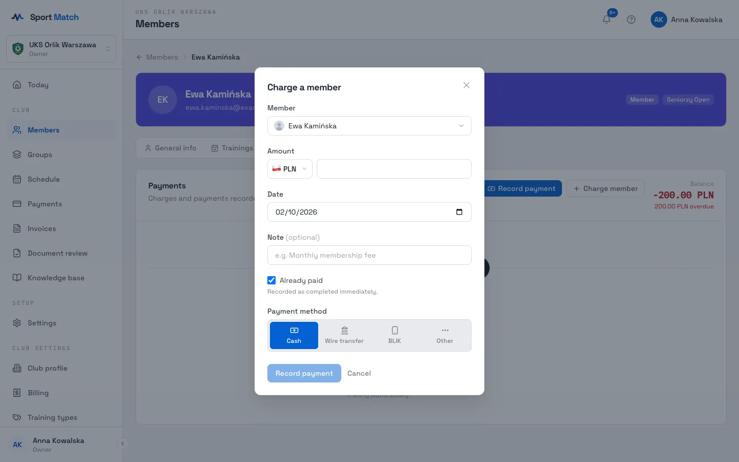 Sport Match screenshot: On the member’s page open Payments and click Charge member.