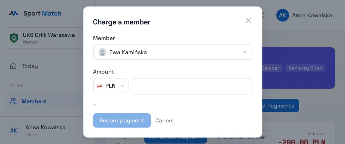 Sport Match screenshot: On the member’s page open Payments and click Charge member.
