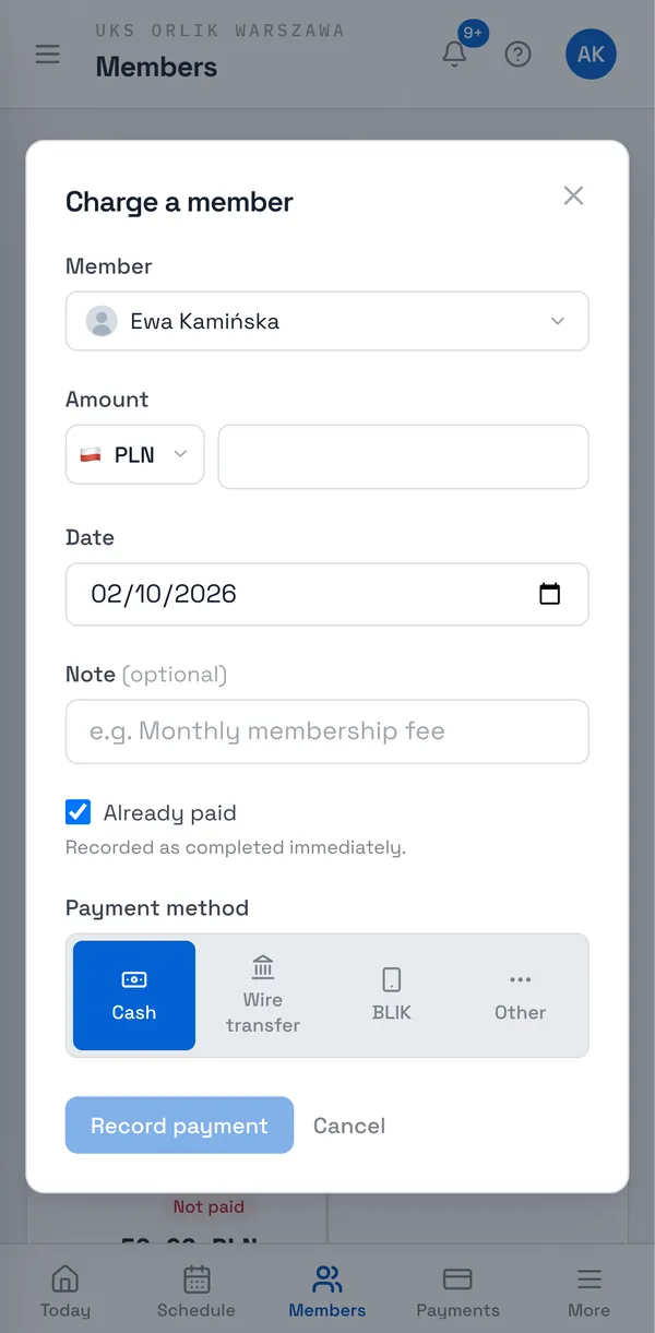 Sport Match screenshot: On the member’s page open Payments and click Charge member.