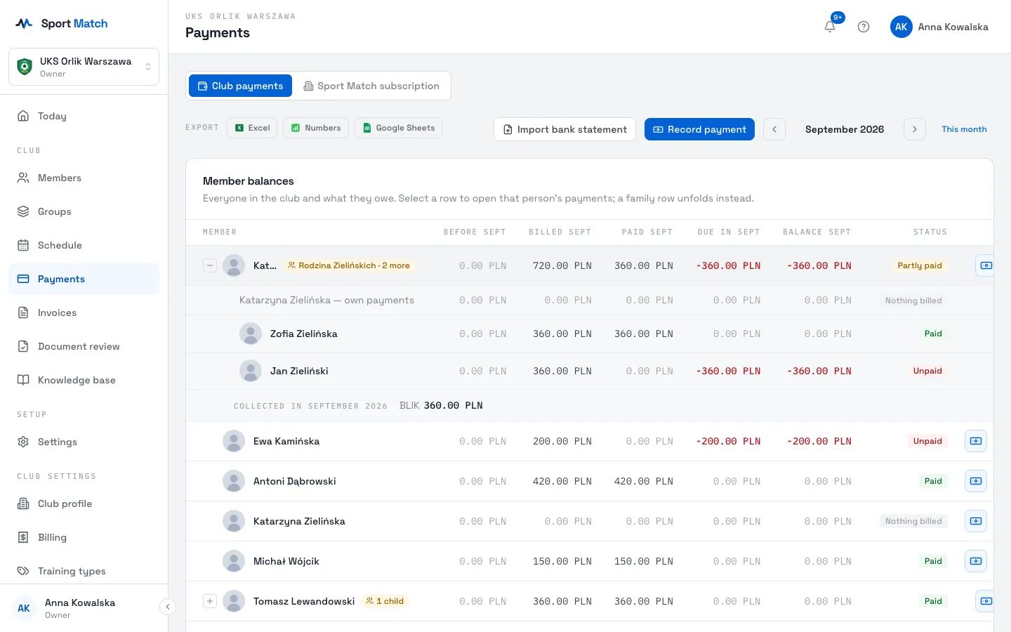 Sport Match screenshot: A row with a family badge (e.g. Rodzina Zielińskich · +2) totals the whole family account. Click it to unfold the people and the family’s payments. Clicking an ordinary row opens that person’s payments.