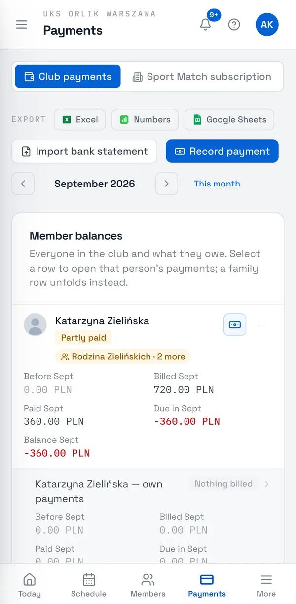 Sport Match screenshot: A row with a family badge (e.g. Rodzina Zielińskich · +2) totals the whole family account. Click it to unfold the people and the family’s payments. Clicking an ordinary row opens that person’s payments.