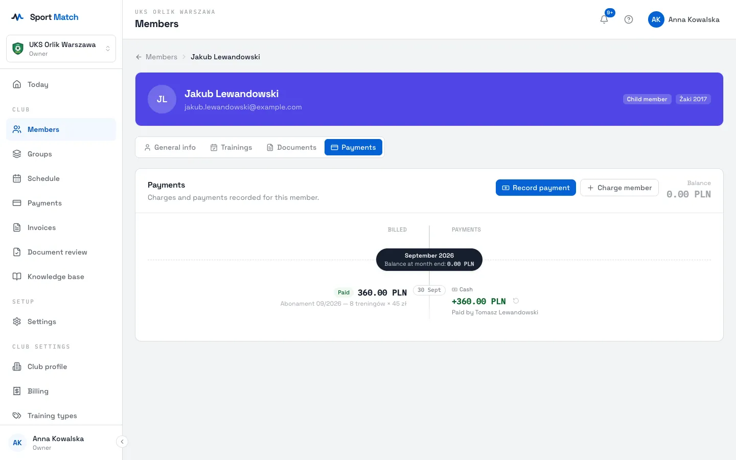 Sport Match screenshot: Open the member’s Payments tab. Next to a payment you recorded, click the arrow icon Reverse this payment and confirm.