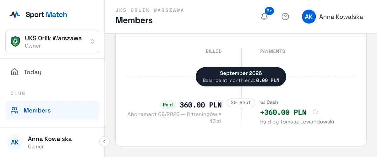 Sport Match screenshot: Open the member’s Payments tab. Next to a payment you recorded, click the arrow icon Reverse this payment and confirm.