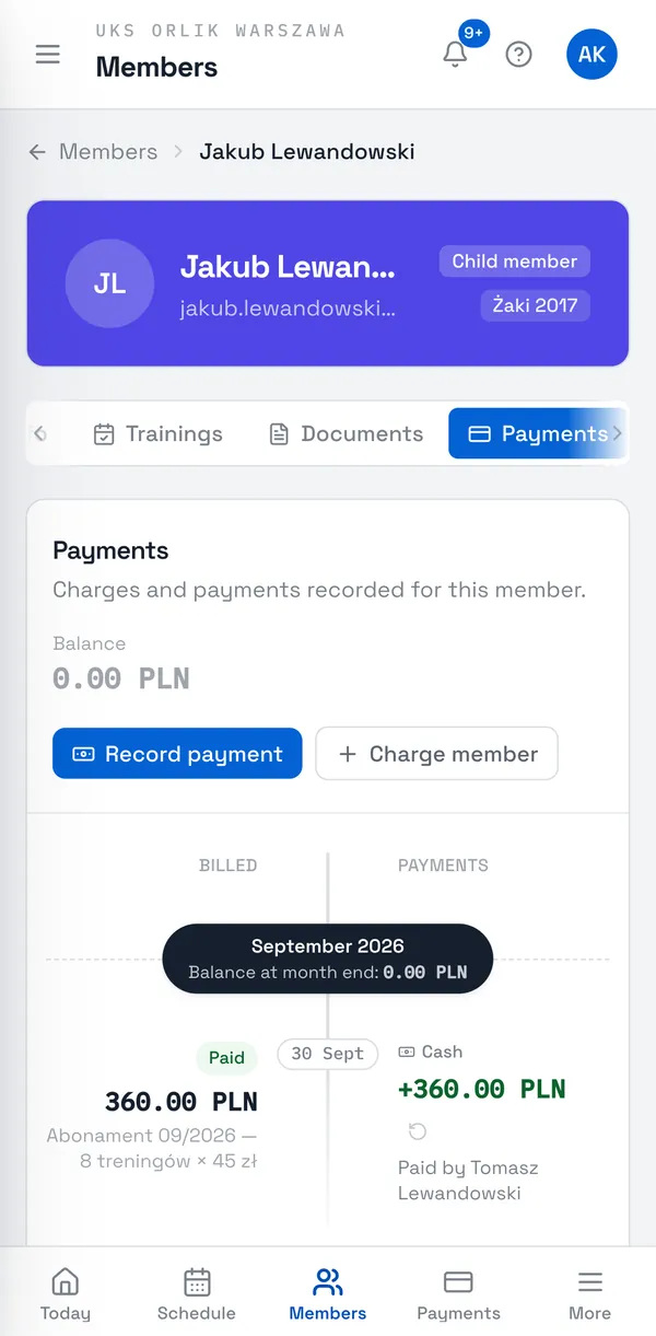 Sport Match screenshot: Open the member’s Payments tab. Next to a payment you recorded, click the arrow icon Reverse this payment and confirm.