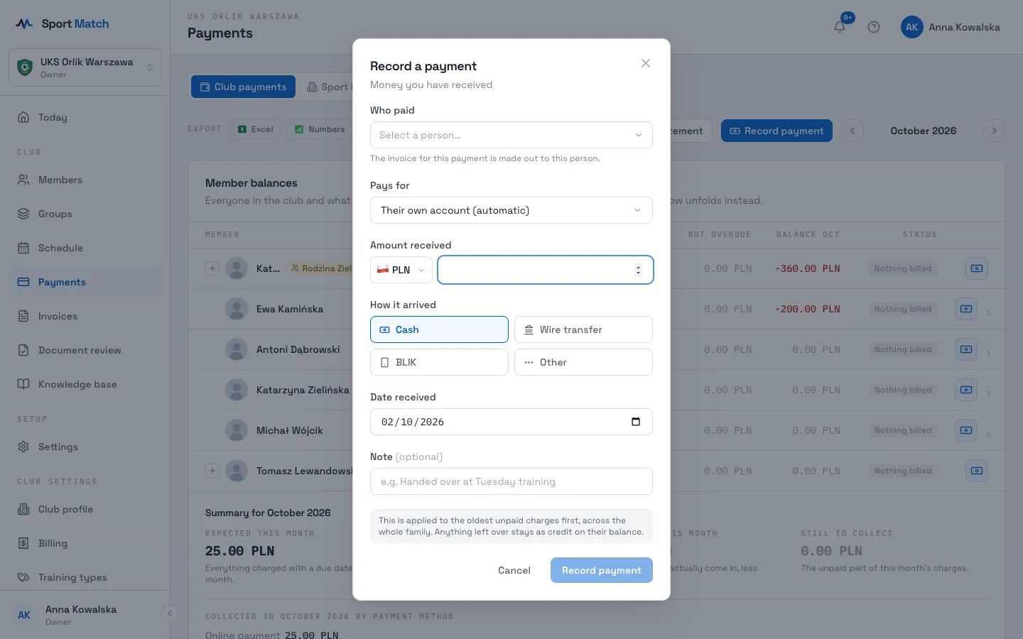 Sport Match screenshot: Under Payments (or on a member’s Payments tab) click Record payment.