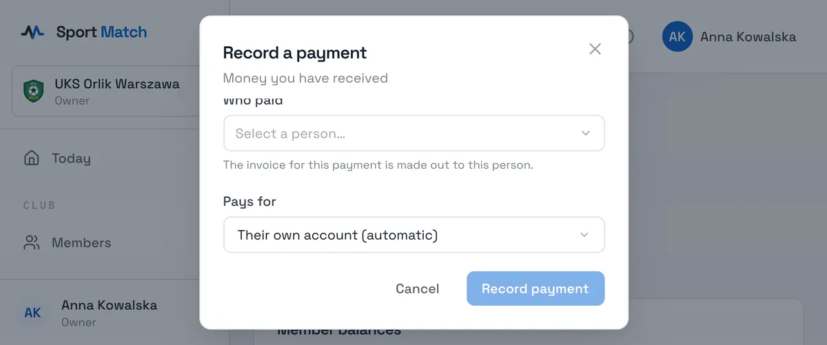 Sport Match screenshot: Under Payments (or on a member’s Payments tab) click Record payment.