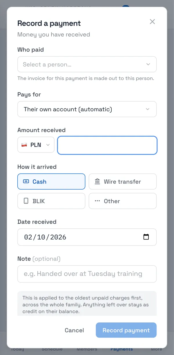 Sport Match screenshot: Under Payments (or on a member’s Payments tab) click Record payment.