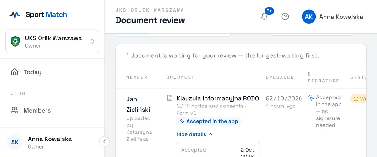 Sport Match screenshot: The acceptance details of a document a parent accepted in the app.