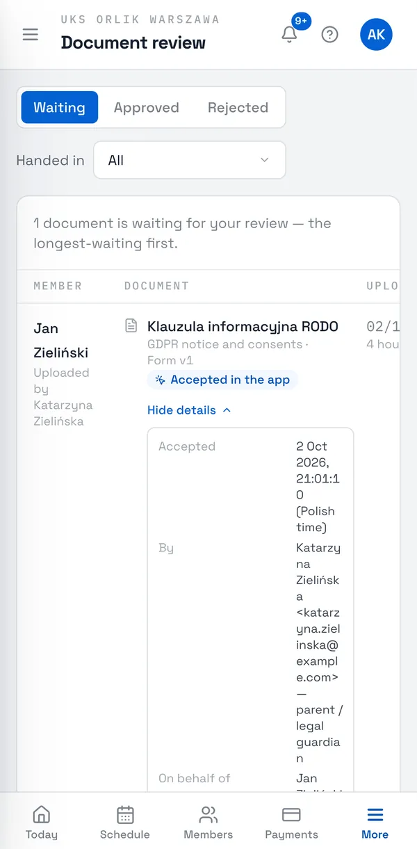Sport Match screenshot: The acceptance details of a document a parent accepted in the app.