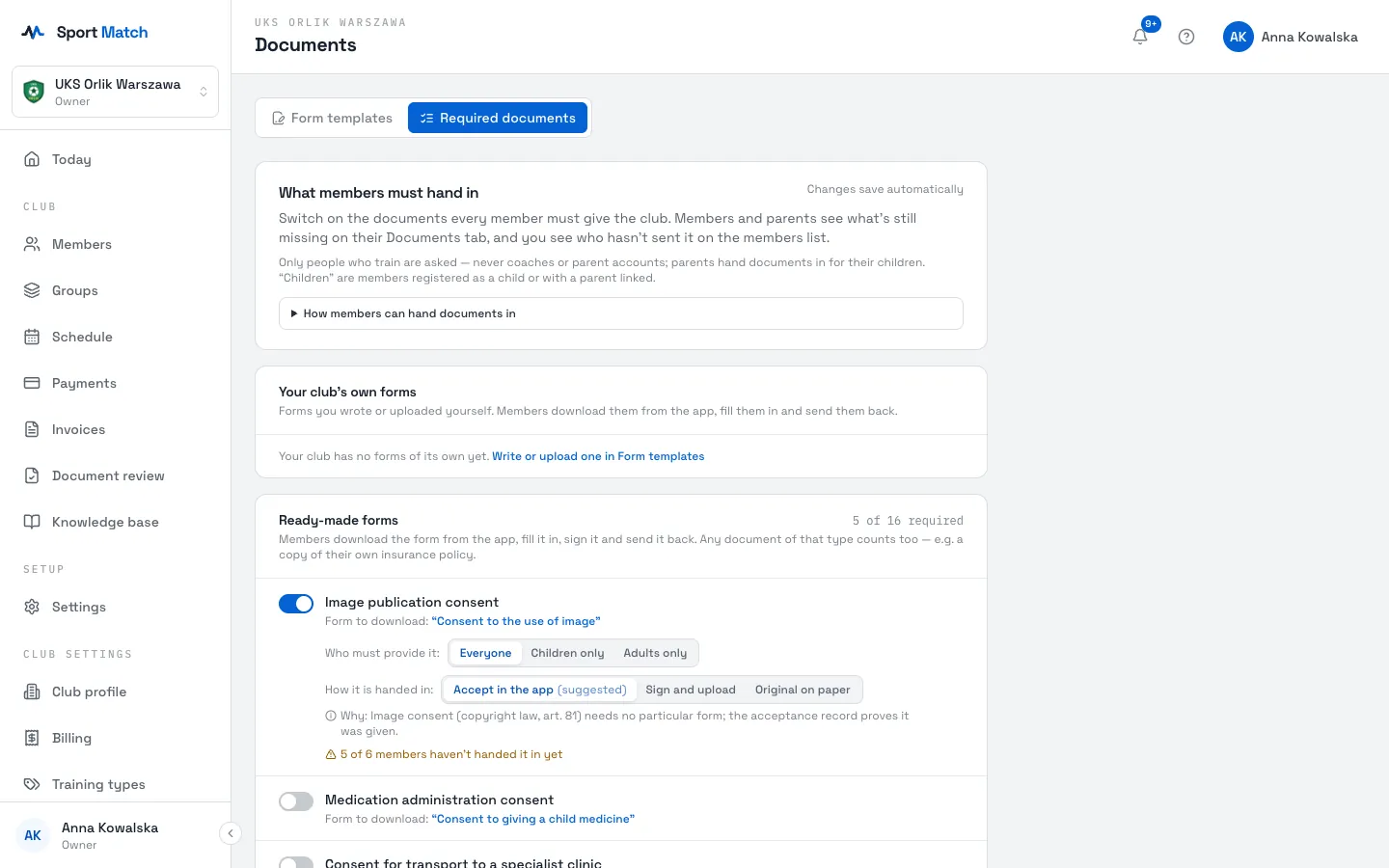 Sport Match screenshot: Under Club settings in the menu, open Documents, Required documents tab.