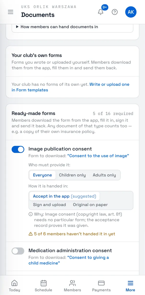 Sport Match screenshot: Under Club settings in the menu, open Documents, Required documents tab.