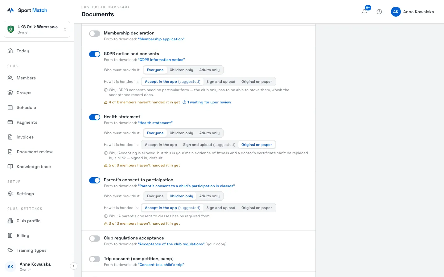 Sport Match screenshot: Choosing how a document is handed in: the health statement as a paper original.