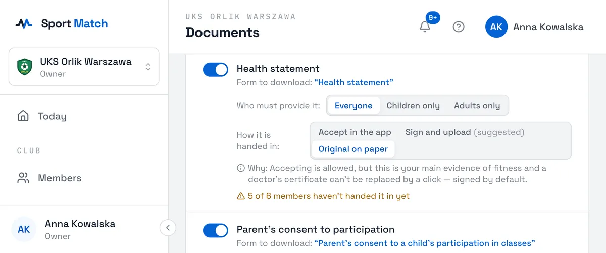 Sport Match screenshot: Choosing how a document is handed in: the health statement as a paper original.