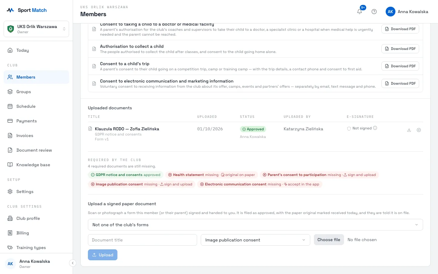 Sport Match screenshot: Someone handed you a signed paper form? Open the member’s page (for a child, the child’s page), the Documents tab and Upload a signed paper document. Or click the missing document under Required by the club.