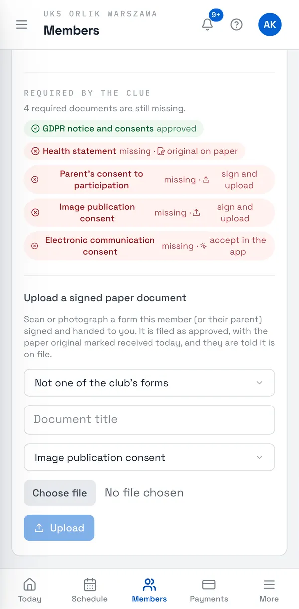 Sport Match screenshot: Someone handed you a signed paper form? Open the member’s page (for a child, the child’s page), the Documents tab and Upload a signed paper document. Or click the missing document under Required by the club.