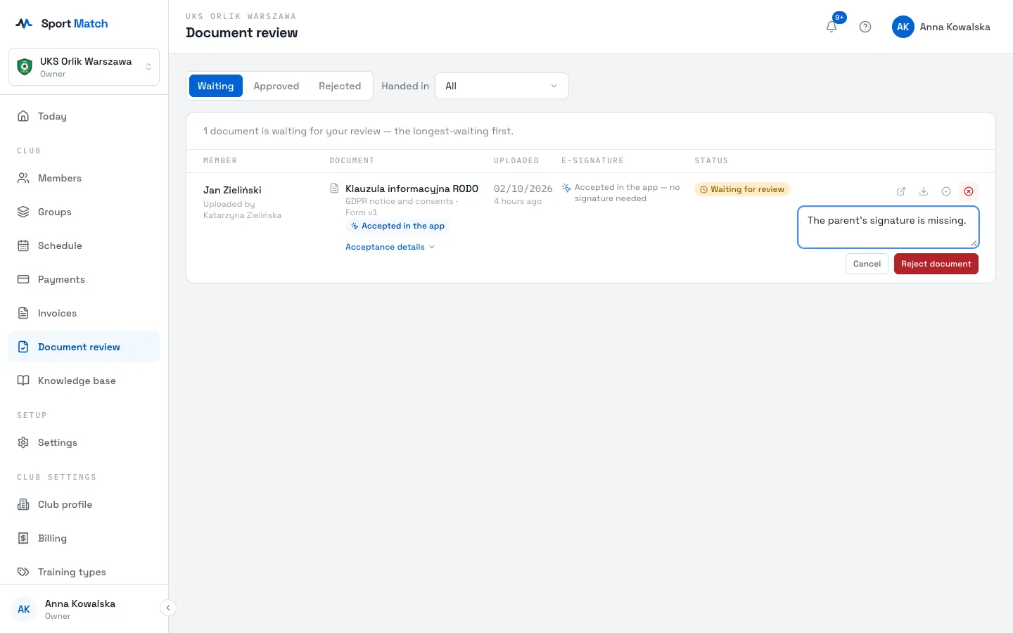 Sport Match screenshot: If something needs fixing, click Reject, type the Reason for rejecting — the member will see it — and confirm with Reject document.
