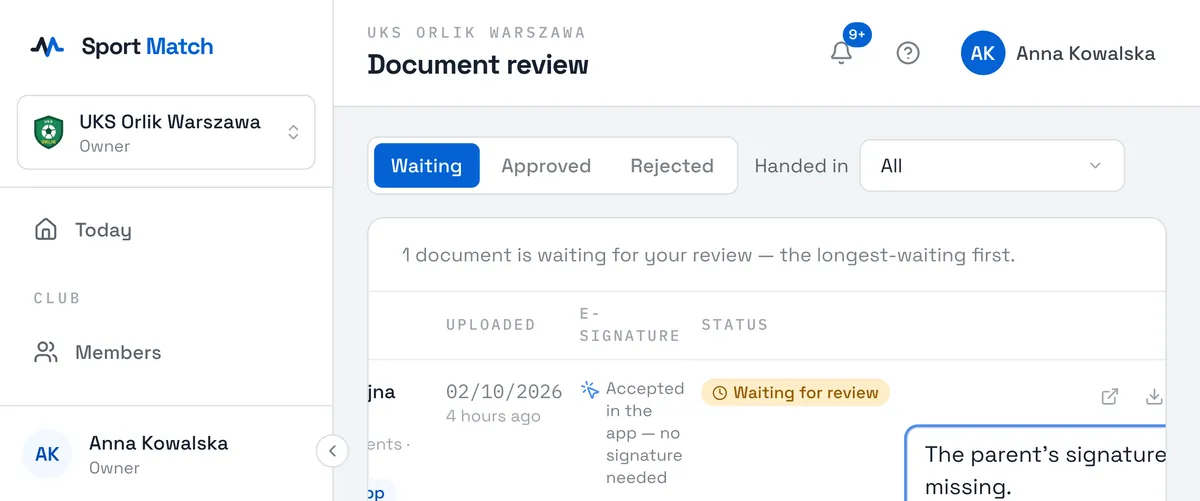 Sport Match screenshot: If something needs fixing, click Reject, type the Reason for rejecting — the member will see it — and confirm with Reject document.