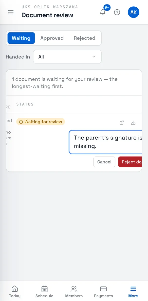 Sport Match screenshot: If something needs fixing, click Reject, type the Reason for rejecting — the member will see it — and confirm with Reject document.