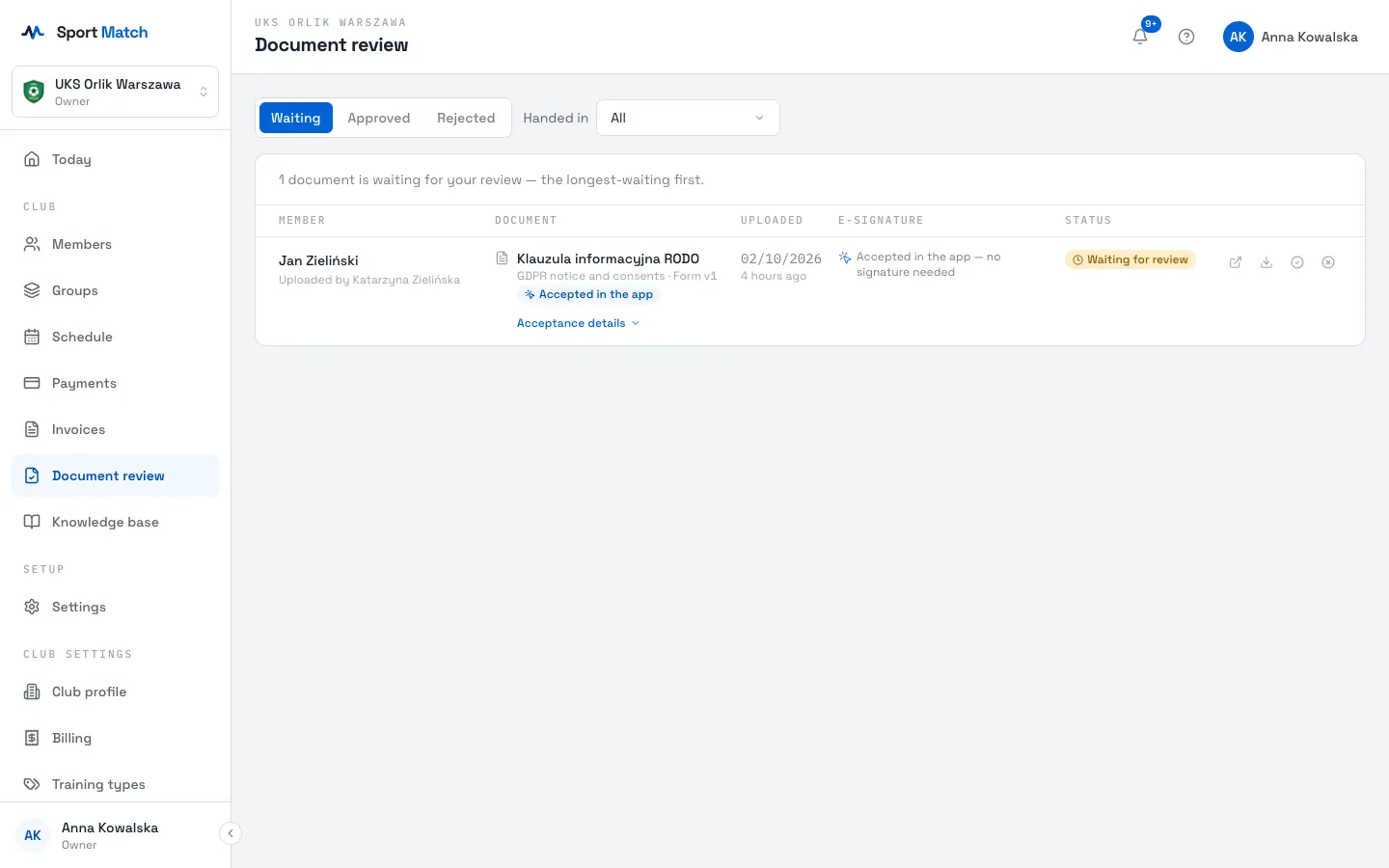Sport Match screenshot: Open Document review in the menu. The Waiting (longest-waiting first), Approved and Rejected tabs list the whole club’s documents.