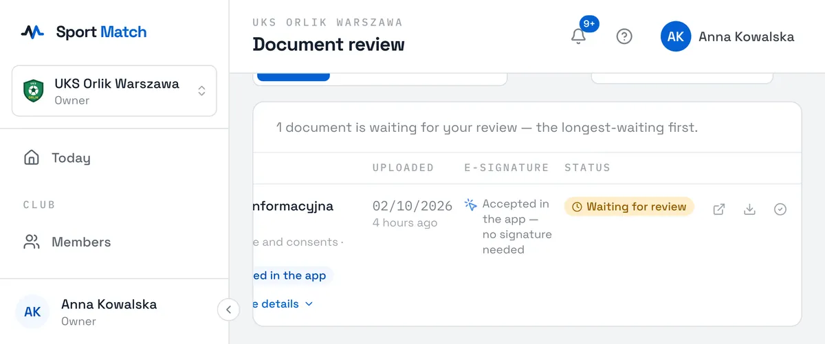 Sport Match screenshot: Open Document review in the menu. The Waiting (longest-waiting first), Approved and Rejected tabs list the whole club’s documents.