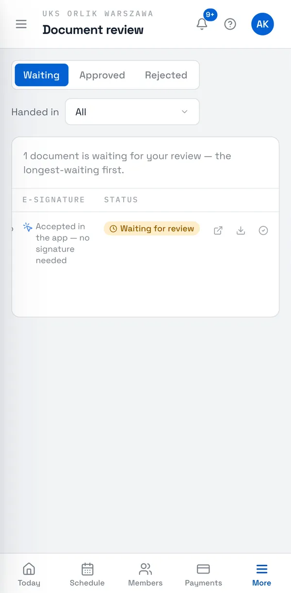 Sport Match screenshot: Open Document review in the menu. The Waiting (longest-waiting first), Approved and Rejected tabs list the whole club’s documents.