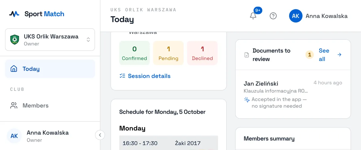Sport Match screenshot: New documents show up on Today in the Documents to review card, and you get a notification about each one.