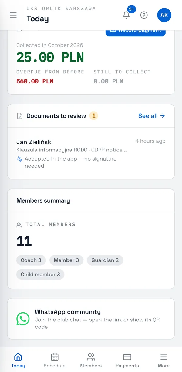 Sport Match screenshot: New documents show up on Today in the Documents to review card, and you get a notification about each one.