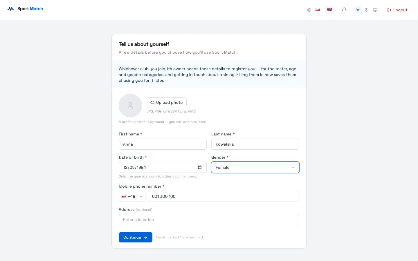 Sport Match screenshot: On Tell us about yourself, fill in your first and last name, date of birth, gender and mobile number (the address and photo are optional). Other club members only ever see your year of birth. Choose Continue.
