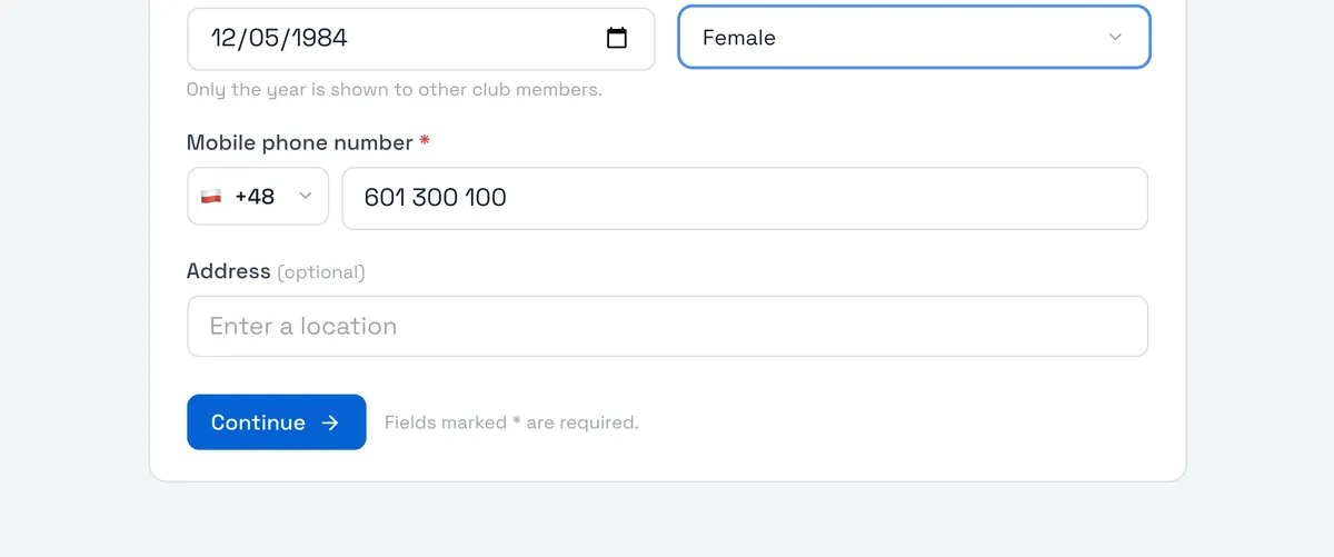 Sport Match screenshot: On Tell us about yourself, fill in your first and last name, date of birth, gender and mobile number (the address and photo are optional). Other club members only ever see your year of birth. Choose Continue.