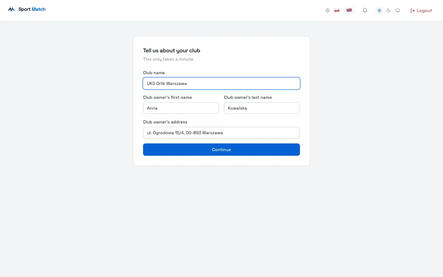 Sport Match screenshot: In Tell us about your club, enter the Club name and the club owner’s first name, last name and address (the name is filled in from your profile). Choose Continue.