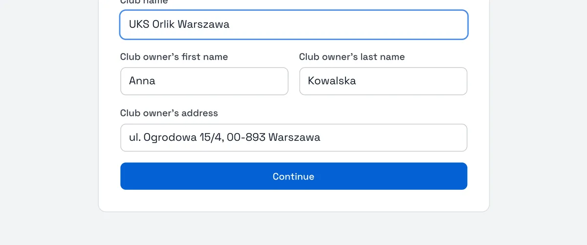 Sport Match screenshot: In Tell us about your club, enter the Club name and the club owner’s first name, last name and address (the name is filled in from your profile). Choose Continue.
