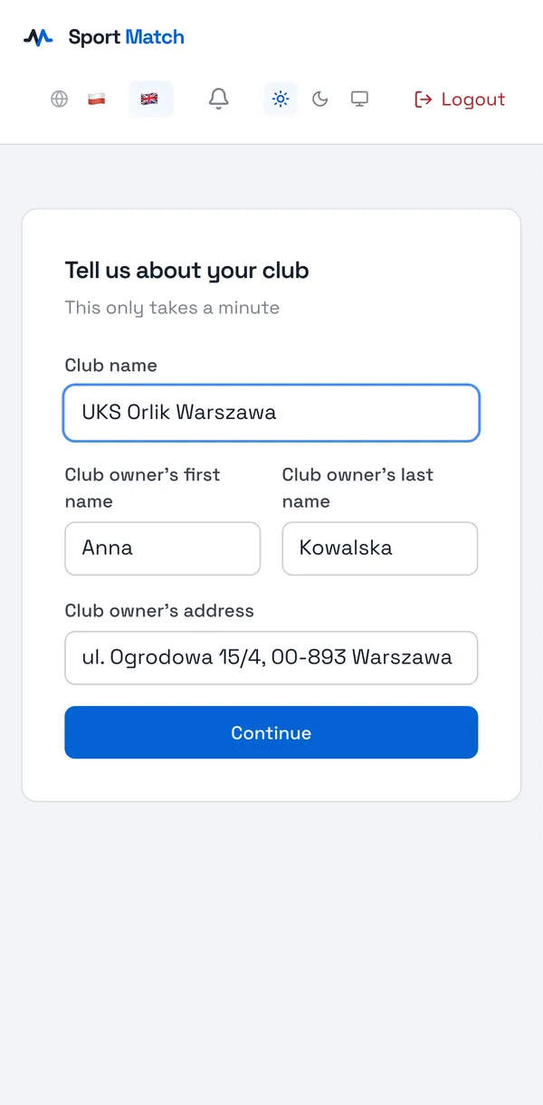 Sport Match screenshot: In Tell us about your club, enter the Club name and the club owner’s first name, last name and address (the name is filled in from your profile). Choose Continue.